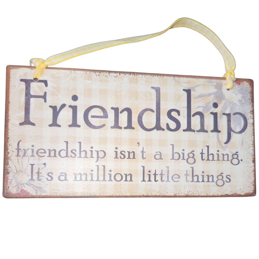 Friendship Cottagecore Gingham Plaid Metal Wall Sign with Yellow Ribbon Hanger